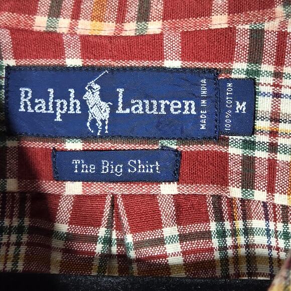 Ralph Lauren Big Shirt Mens Medium Red Plaid Button Front Long Sleeve Cotton - Picture 7 of 10